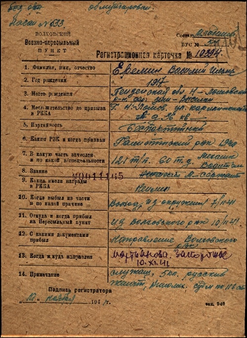 Регистрационная карточка Волховского ВПП на Еремина Василия Ильича