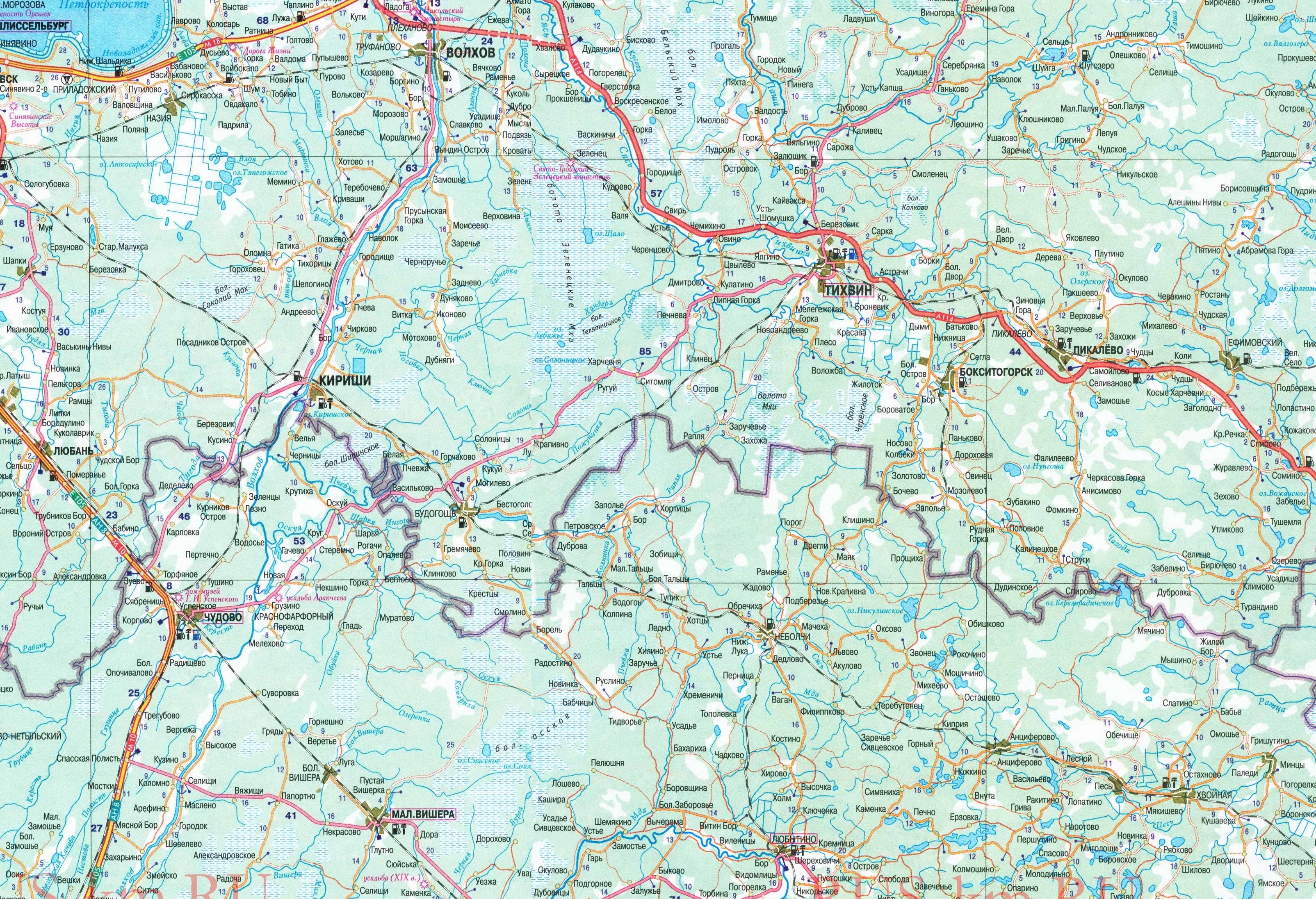 Современная карта автомобильных дорог в районе города Тихвин